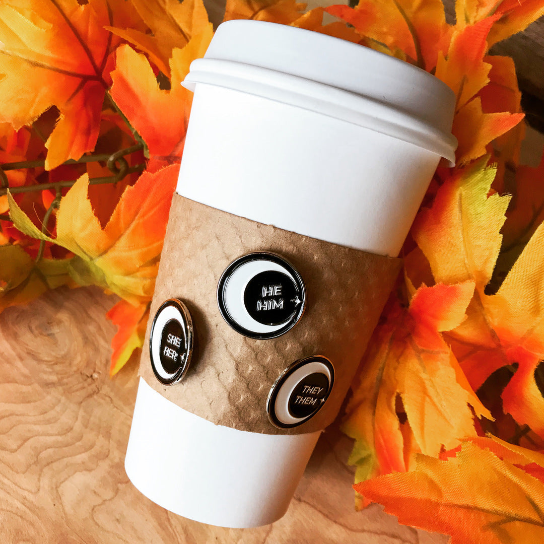 Coffee cup with 3 moon pronoun enamel pins