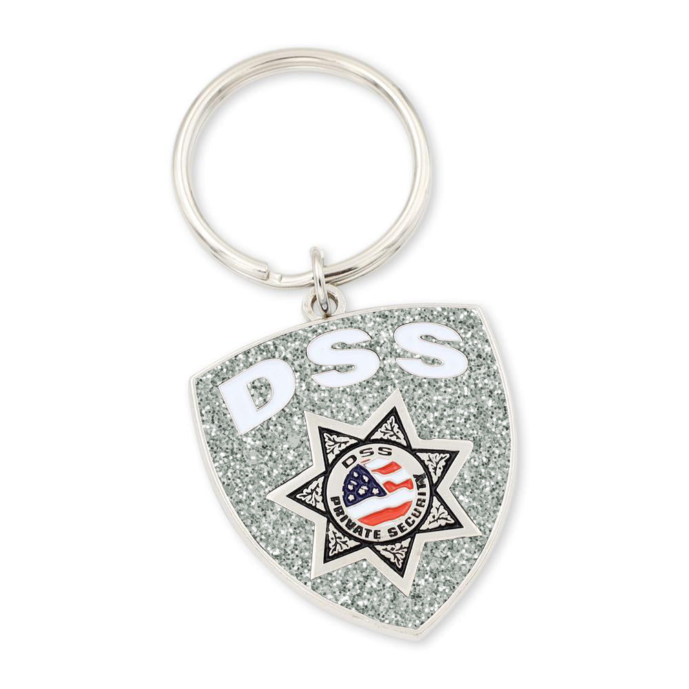 Police badge shield custom keychain with department badge and bold enamel coloring red white and blue flag