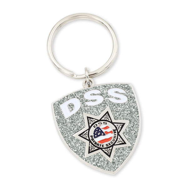 Police badge shield custom keychain with department badge and bold enamel coloring red white and blue flag