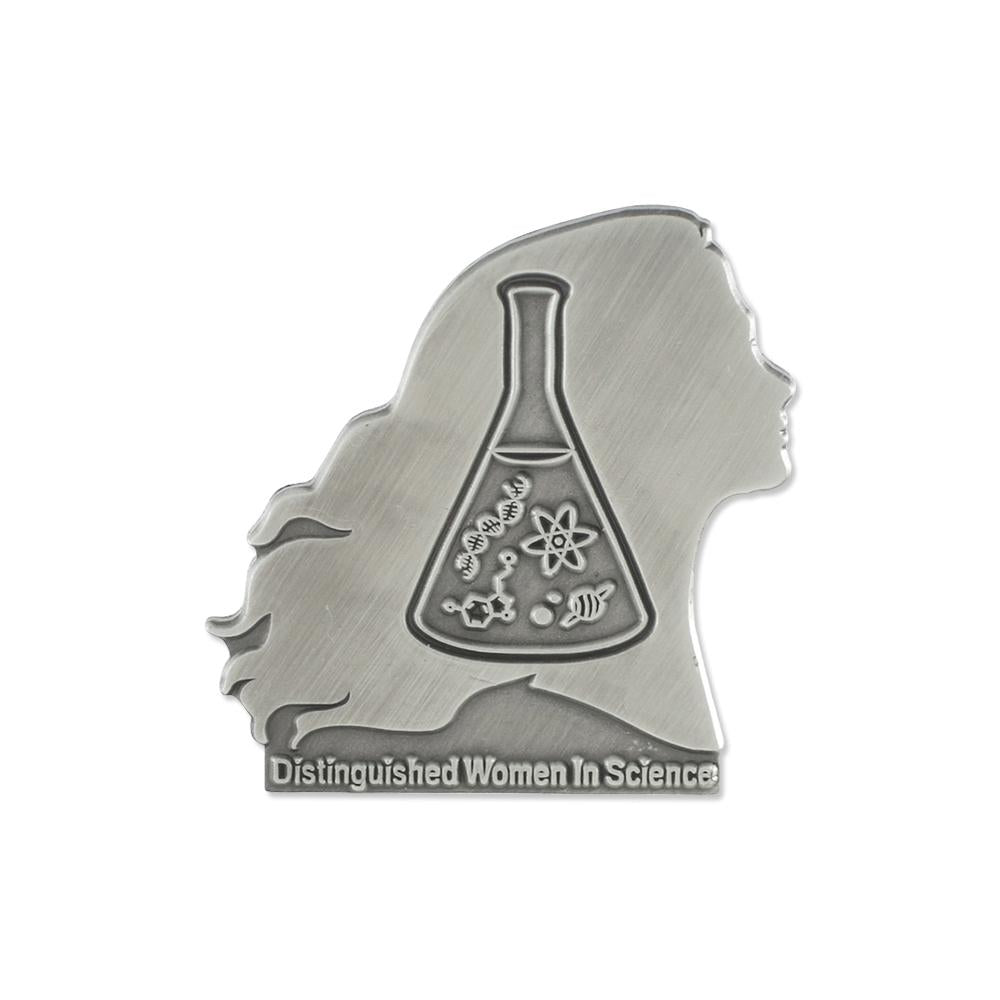 Custom diecut shape antique silver plated lapel pin in the shape of a woman with a beaker and atomic symbols with raised text that says Distinguished Women in Science