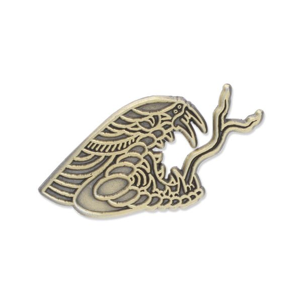 Cutout diecut and diestruck snake pin with antique gold plating and long tongue and piercing teeth