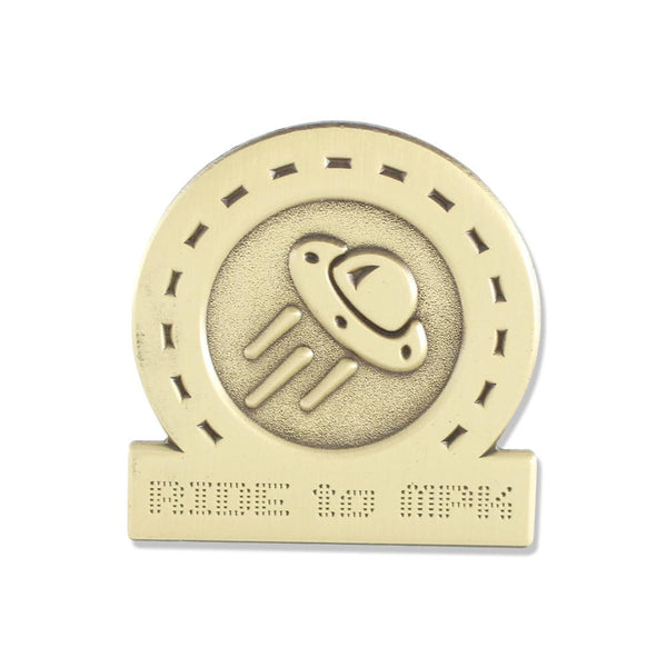 Custom diestruck antique gold plated lapel pin with UFO logo and biker pin text