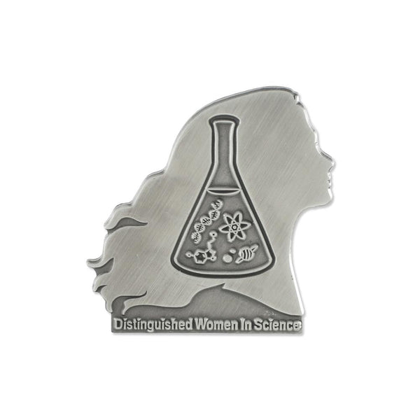 Custom diecut shape antique silver plated lapel pin in the shape of a woman with a beaker and atomic symbols with raised text that says Distinguished Women in Science