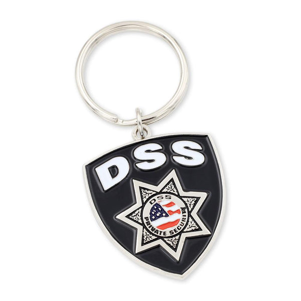 Police badge shield custom keychain with department badge and bold enamel coloring red white and blue flag