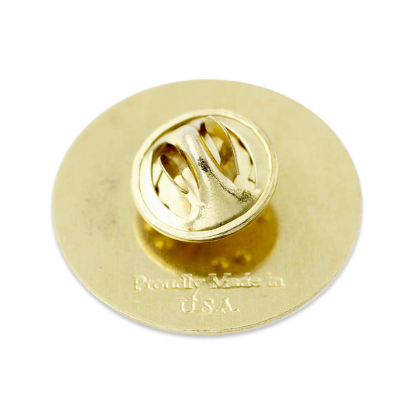 Reverse Side Of Lapel Pin With Proudly Made In USA Text And Brass Clutch