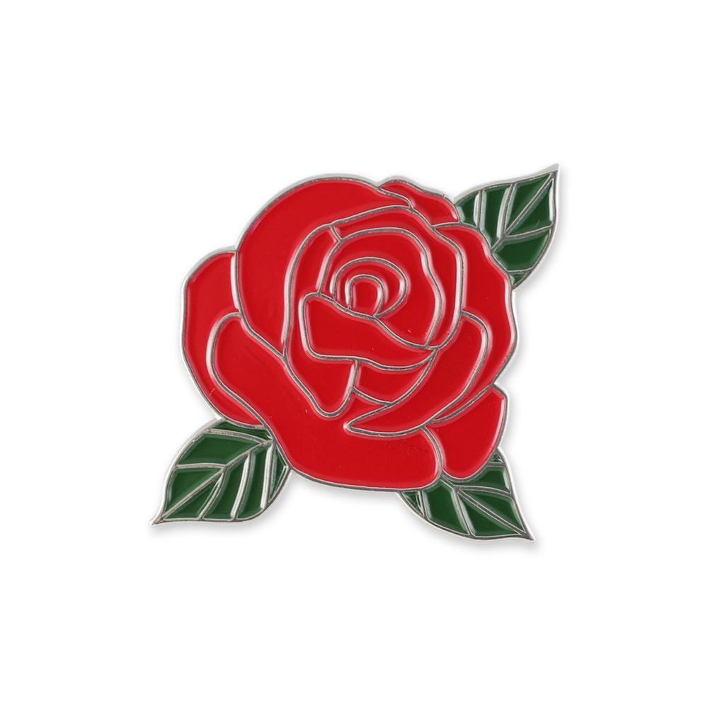 Red Rose Flower With Green Leaves Enamel Lapel Pin Pin WizardPins 1 Pin 