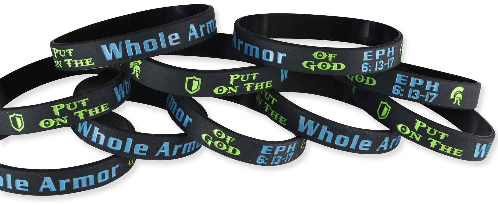 ARMOR OF GOD Green Silicone Bracelets, Christian Bracelets - Pack of 12